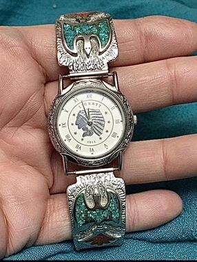 Men's Solid Silver Navajo Turquiose/Coral Thunder Tips -Native Motif Coin Watch